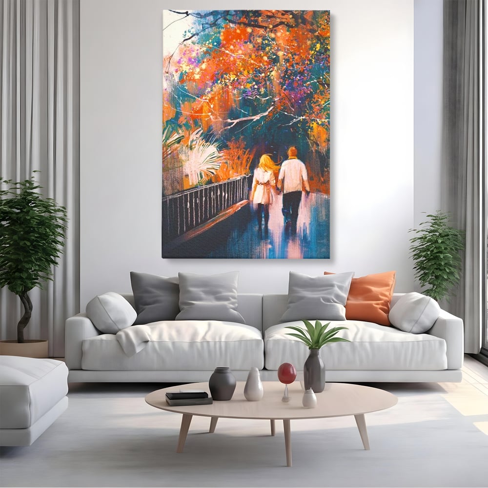 Tablou canvas cu tablou canvas cuplu in parc toamna, fara rama, pe sasiu de lemn, pe perete intr-un living